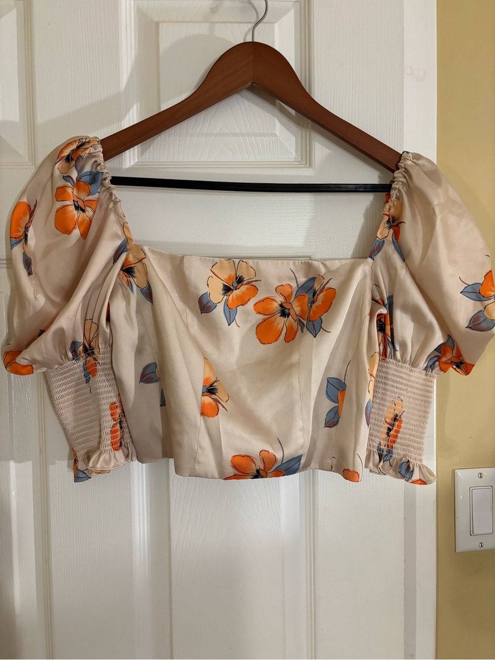 NICHOLAS Cream Floral Crop Top with Orange and Blue Blossoms